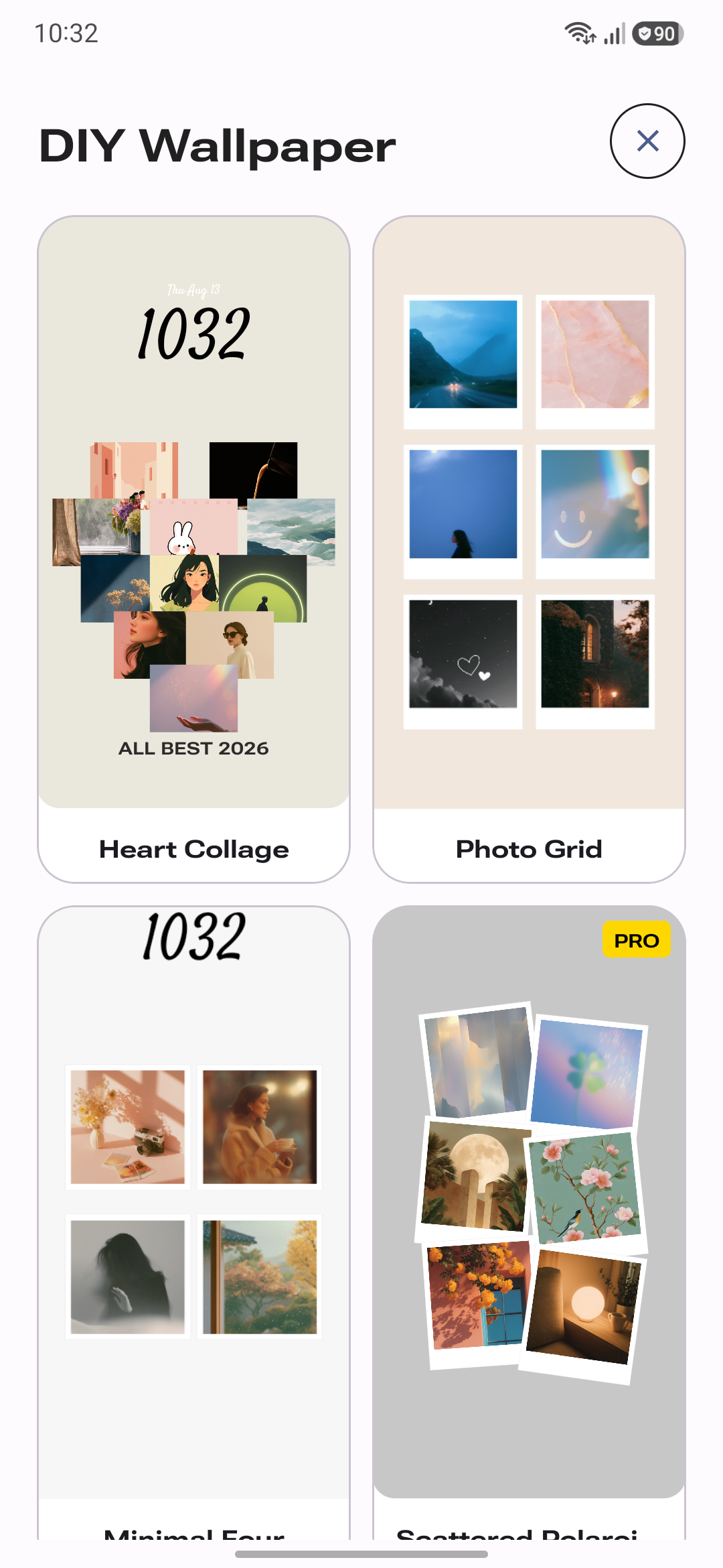 PhoneWalls DIY Wallpaper screen showing Heart Collage and Photo Grid templates
