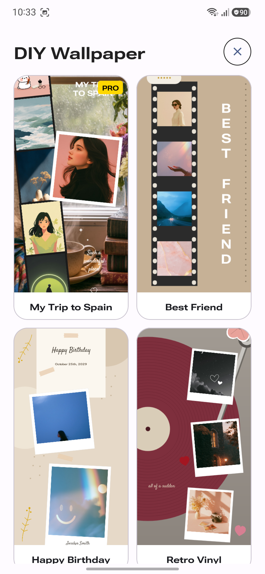 PhoneWalls DIY Wallpaper screen showing My Trip to Spain and Best Friend templates