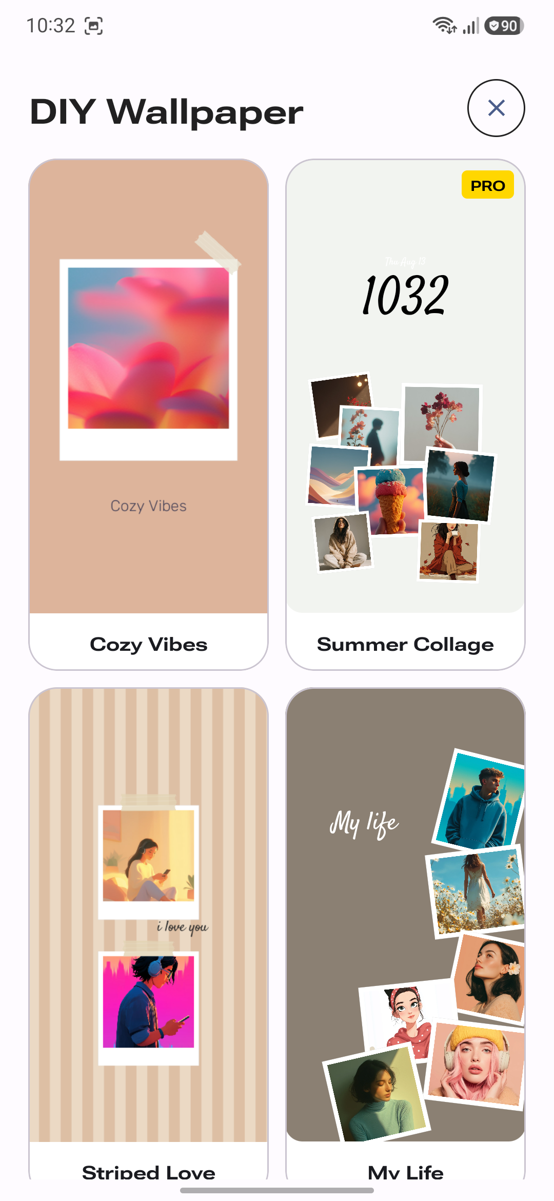 PhoneWalls DIY Wallpaper screen showing Cozy Vibes and My Life templates